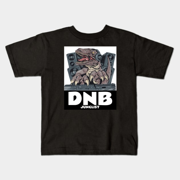 DNB - Junglist T-Rex Dj (white) Kids T-Shirt by DISCOTHREADZ 